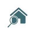 House search icon. Building symbol with magnifying glass. Home and loupe blue sign.